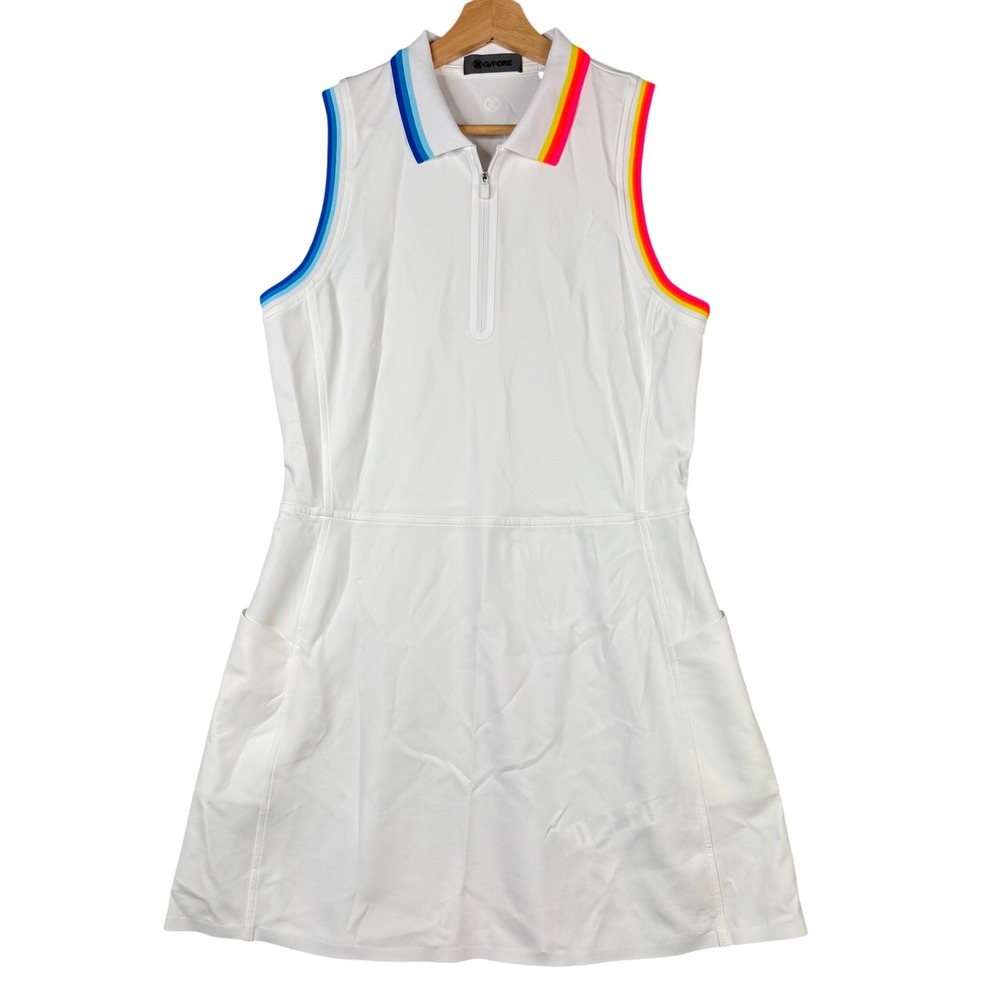 G/FORE Womens Sleeveless Quarter Zip Golf Dress Rainbow Trim Snow White L